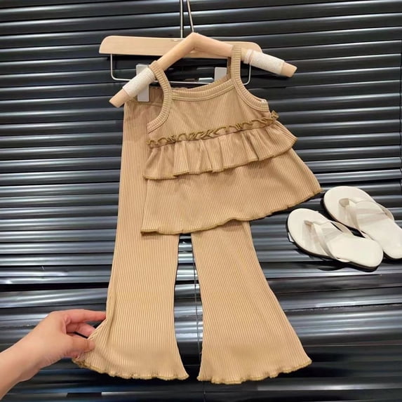 Eltusu Girls Cotton Outfit Sets, Elastic Waistband Flare Legs Sleeveless Tops with Pants Sets Khaki Size 6-7 T