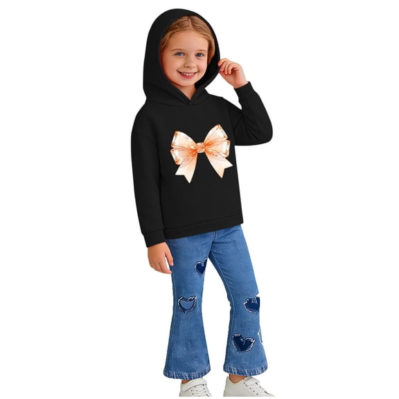 Eltusu Girls Cotton Outfit Sets, Fare Leg Graphic Long Sleeve Hoodies&Jeans Sets Black Size 2-3 T