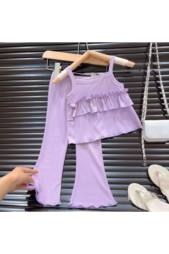 Girls Cotton Outfit Sets, Flare Legs Elastic Waistband Sleeveless Tops with Pants Sets Purple Size 10-11 T