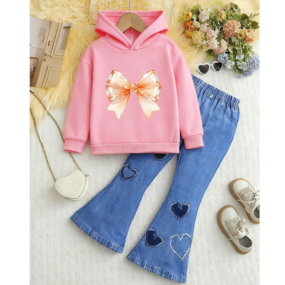 Eltusu Girls Cotton Outfit Sets, Graphic Long Sleeve Fare Leg Hoodies&Jeans Sets Pink Size 2-3 T