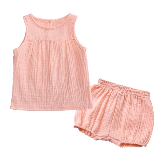 Eltusu Girls Cotton Outfit Sets, Sleeveless Elastic Waistband Solid Color Summer Tops and Shorts Set Pink Size 12-24 Months