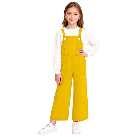 Eltusu Girls Cotton Overalls, Sleeveless Fashion Wide Leg Stretchy Kids Jumpsuit Romper Yellow Size 12-13 T