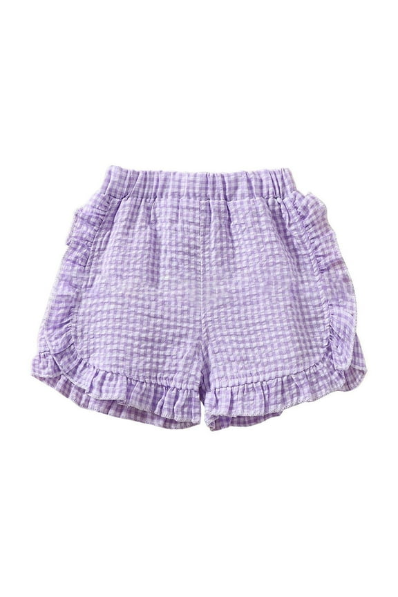 Girls Cotton Shorts, Elastic Waistband Soft Plaid Summer Kids Casual Shorts Purple Size 3-4 T