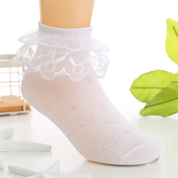 Eltusu Girls Cotton Socks, Comfy Low Cut Ruffled Stretchy Ankle Socks White Size 4-6 T