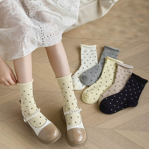Eltusu Girls Cotton Socks, Five Pieces Breathable Comfy Mid-Calf Spring Fall Socks Black Size 9-12 T