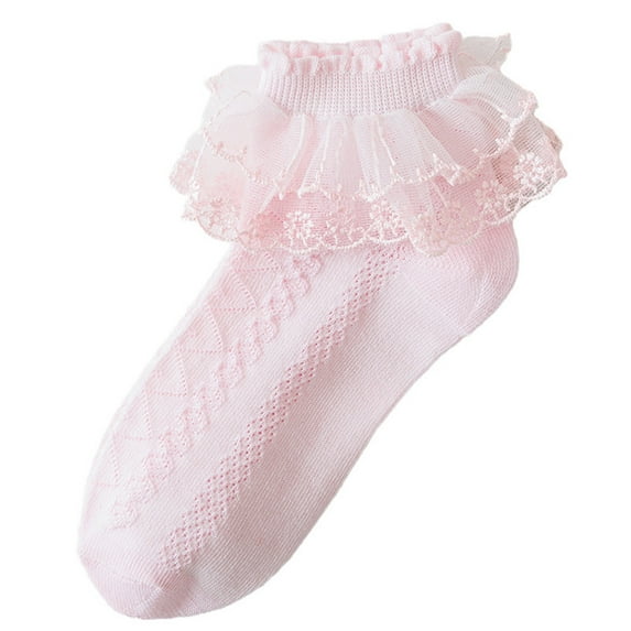 Eltusu Girls Cotton Socks, Low Cut Stretch Lace Ruffled Ankle Socks Pink Size 10-13 T