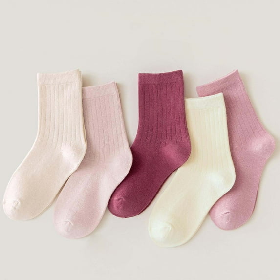Eltusu Girls Cotton Socks, Mid-Calf Five Pieces Breathable Comfy Spring Fall Socks Pink Size 12-15 T