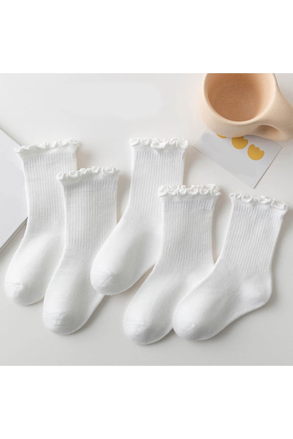 Girls Cotton Socks, Mid-Calf Stretchy 5 Pieces Breathable Spring Fall Socks White Size 6-8 T