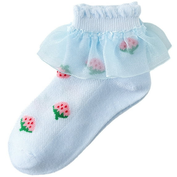 Eltusu Girls Cotton Socks, Printed Stretch Ruffled Low Cut Ankle Socks Light Blue Size 4-6 T