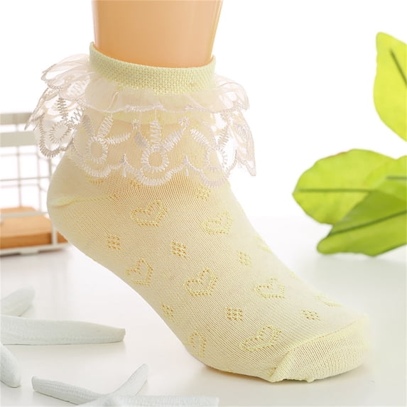 Eltusu Girls Cotton Socks, Ruffled Low Cut Comfy Stretchy Ankle Socks Yellow Size 8-11 T