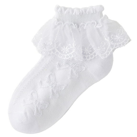 Eltusu Girls Cotton Socks, Solid Color Stretch Ruffled Low Cut Ankle Socks White Size 10-13 T