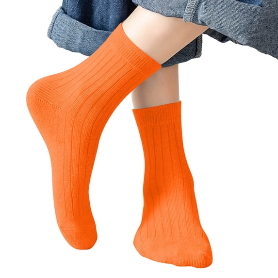 Eltusu Girls Cotton Socks, Stretchy Breathable Casual Solid Color Mid-Calf Socks Orange Size 1-3 T