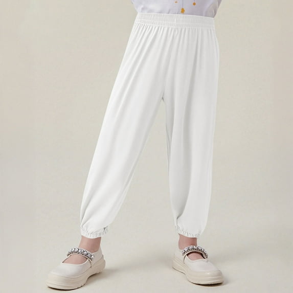 Eltusu Girls Cotton Sweatpants, Solid Color Casual Elastic Bottom Elastic Waist Jogger Pants White Size 10-11T