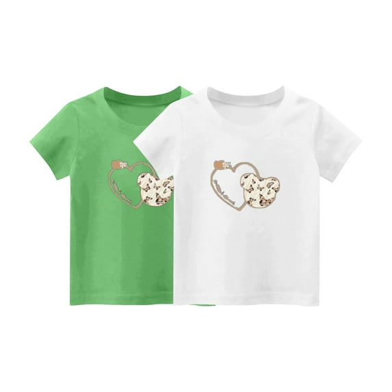 Eltusu Girls Cotton T-Shirts, 2 Pieces Loose Fit Crew Neck Pullover Short Sleeve Tops Green Size 1-2 T