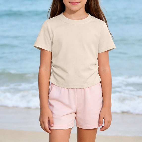 Eltusu Girls Cotton T-Shirts, Basic Crewneck Short SLeeve Casual Summer Tops Beige Size 2-3 T