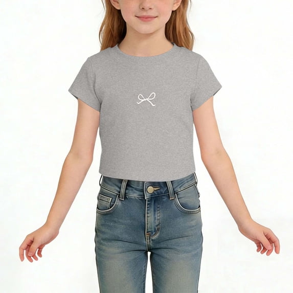 Eltusu Girls Cotton T-Shirts, Comfy Crewneck Casual Summer Kids Tee with Short Sleeve Gray Size 11-12 T