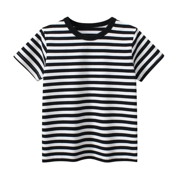 Eltusu Girls Cotton T-Shirts, Pullover Striped Crewneck Summer Short Sleeve Tops Black Size 7-8 T