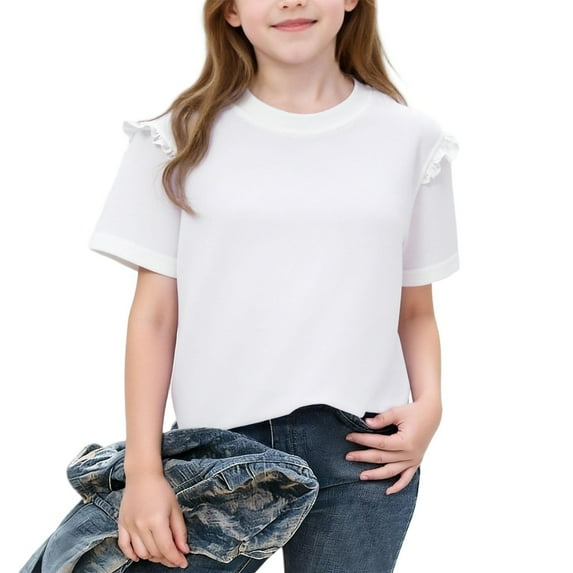 Eltusu Girls Cotton T-Shirts, Ruffle sleeve Summer Crew Neck Pullover Short Sleeve Tops White Size 7-8 T