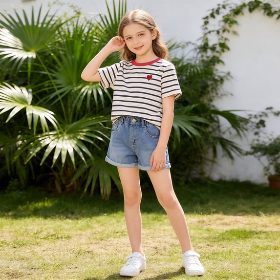 Eltusu Girls Cotton T-Shirts, Short Sleeve Striped Casual Crew Neck Summer Kids Tee Red Size 9-10 T