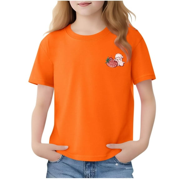 Eltusu Girls Cotton T-Shirts, Soft Summer Pullover Crew Neck Tee with Short Sleeve Orange Size 11-12 T