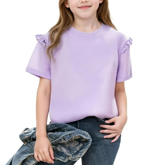 Eltusu Girls Cotton T-Shirts, Summer Pullover Crew Neck Ruffle sleeve Short Sleeve Tops Purple Size 3-4 T