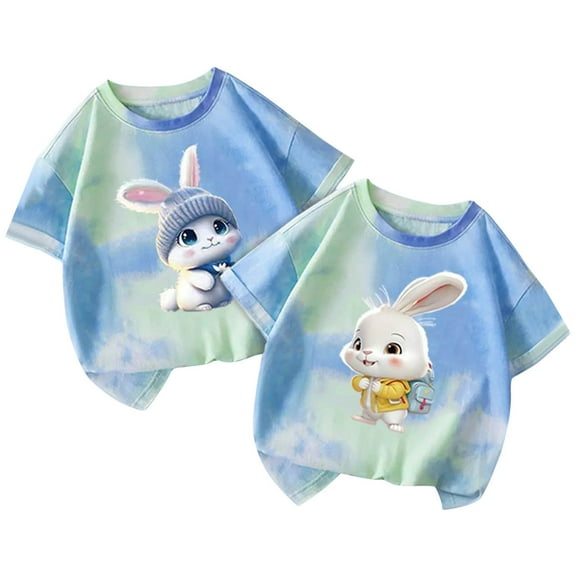 Eltusu Girls Cotton T-Shirts, Two Pieces Pullover Cartoon Short Sleeve Summer Tops Green Size 10-12 T