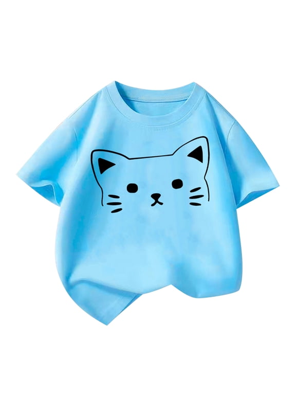 Girls Cotton T-shirts, Pullover Comfy Short Sleeve Crewneck Graphic Tee Sky Blue Size 10-12 T