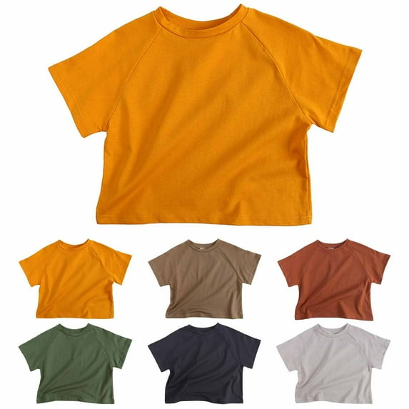 Eltusu Girls Cotton T-shirts, Short Sleeve Pullover Solid Color Crewneck Kids Tops Orange Size 6 T