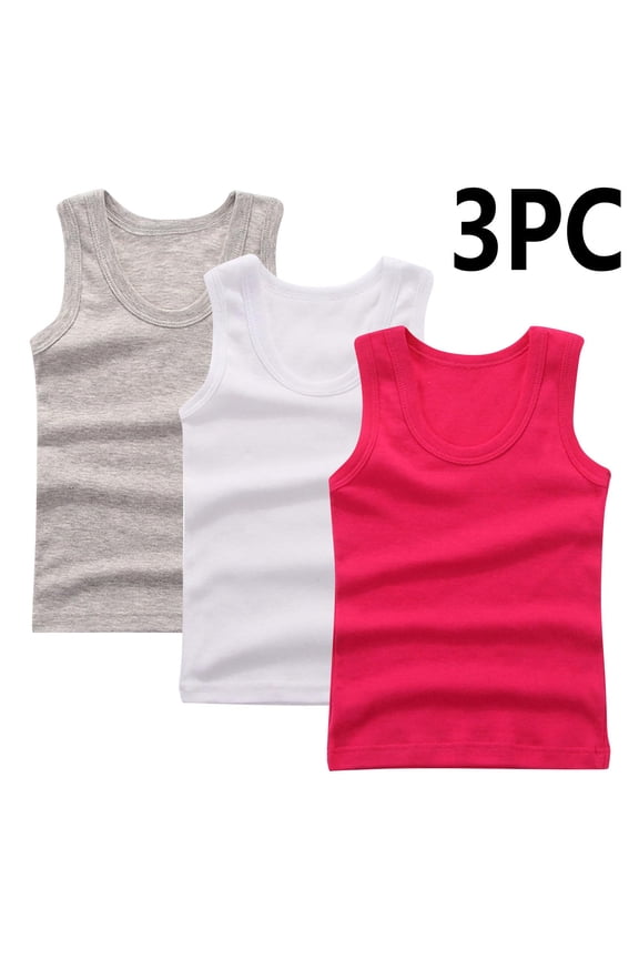 Girls Cotton Tank Tops, 3 Pieces Sleeveless Basic Crewneck Kids Undershirts Silver Size 7-8 T