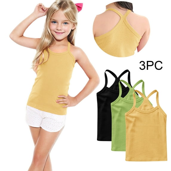 Eltusu Girls Cotton Tank Tops, 3 Pieces Y-Back Sleeveless Crew Neck Kids Undershirts Multicolor Size 2-3 T