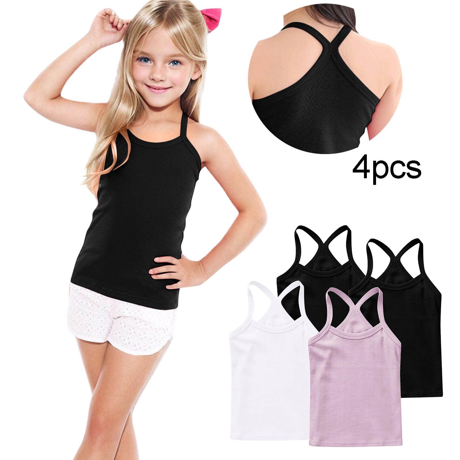 Eltusu Girls Cotton Tank Tops, 4 Pieces Sleeveless Y-Back Basic Summer ...