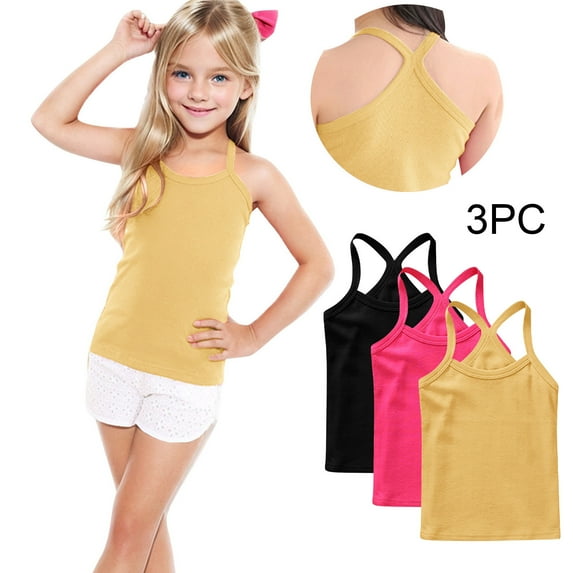 Eltusu Girls Cotton Tank Tops, Solid Color Y-Back 3 Pieces Sleeveless Kids Undershirts Multicolor Size 10 T