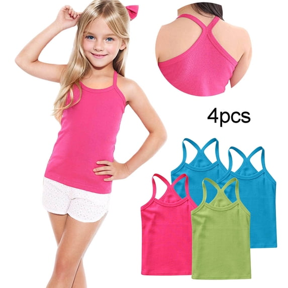 Eltusu Girls Cotton Tank Tops, Y-Back Vacation Sleeveless 4 Pieces Kids Undershirts Blue Size 8-9 T