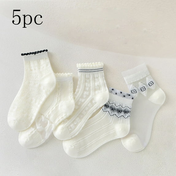 Eltusu Girls Crew Socks, Breathable Cotton 5 Pieces Mid-Calf Kids Socks White Size 6-8 T