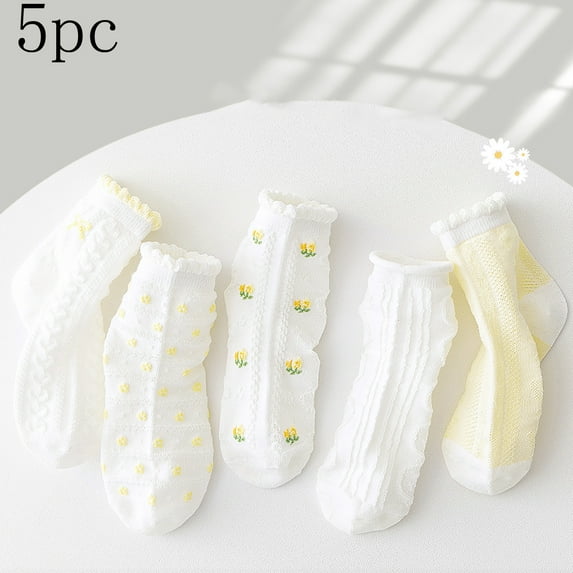 Eltusu Girls Crew Socks, Breathable Mid-Calf Cotton Five Pieces Kids Socks Yellow Size 6-8 T