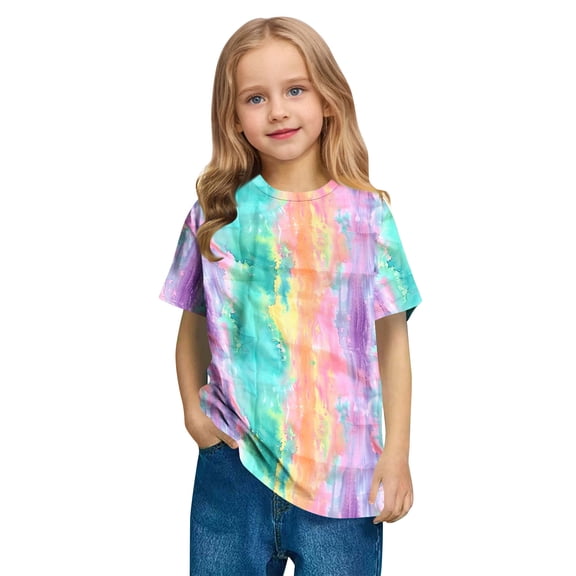 Eltusu Girls Crewneck T-shirts, Pullover Summer Casual Printed Short Sleeve Tops Multicolor Size 3-4 T
