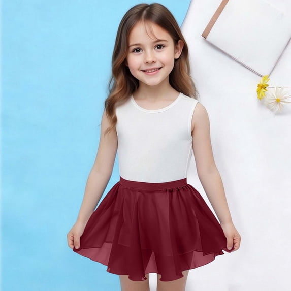 Eltusu Girls Dance Skirts, Breathable Solid Color Comfort Elastic Waistband Mini Skirts Wine Size 8-9T