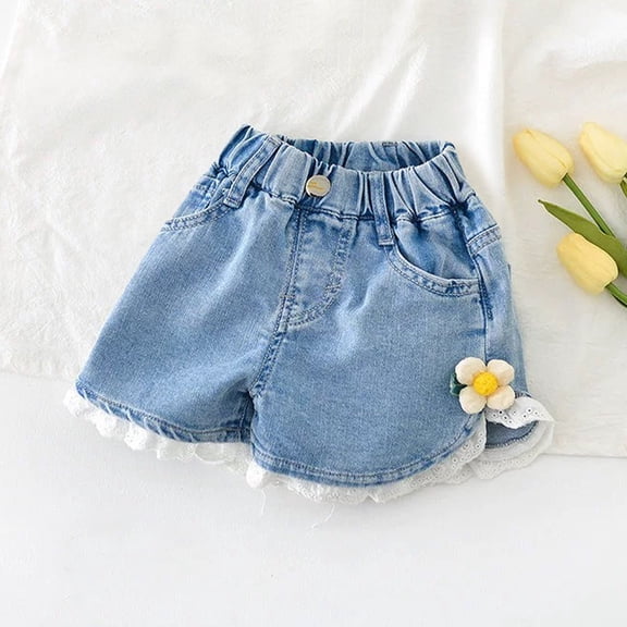 Eltusu Girls Denim Shorts, Casual Elastic Waistband Fashion Loose Fit Summer Jean Shorts Blue Size 6-12 Months