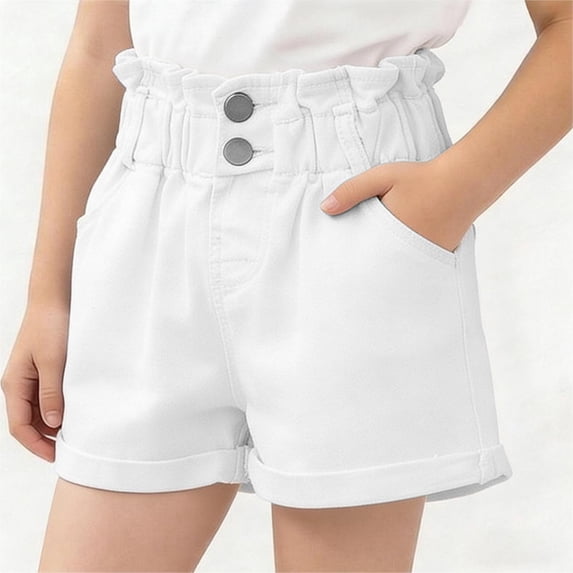 Eltusu Girls Denim Shorts, Elastic Waist Button Summer Casual Kids Jean Shorts White Size 9-10 T