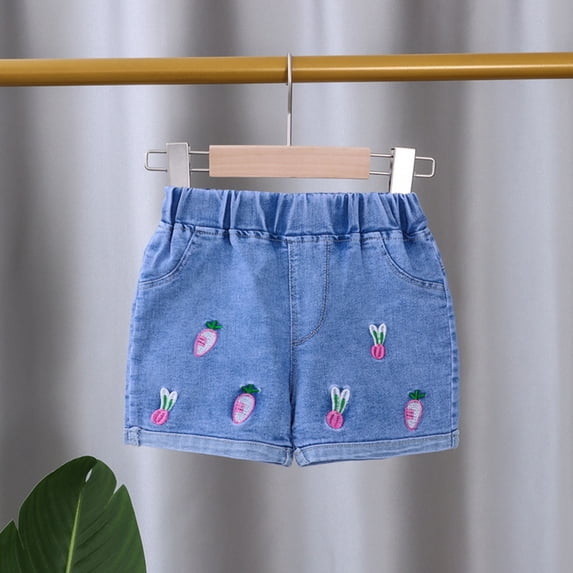 Eltusu Girls Denim Shorts, Summer Elastic Waistband Cute Casual Jean Shorts with Pockets Hot Pink Size 2-3 T
