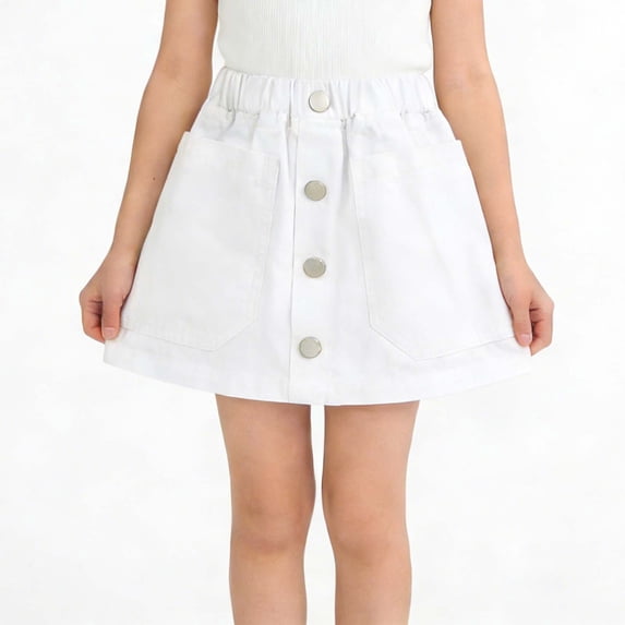 Eltusu Girls Denim Skirts, Elastic Waistband Fashion Casual A-Line Skirts with Pockets White Size 6-7T