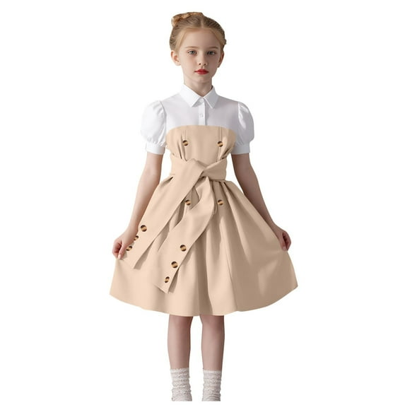 Eltusu Girls Dresses, Button Casual Short Sleeve Lapel Collar Summer Clothes Khaki Size 9-10 T