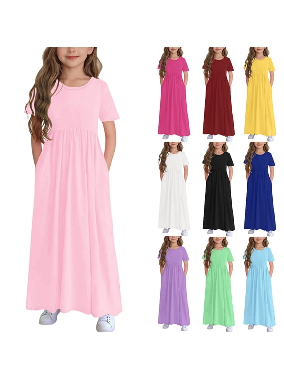 Girls Dresses, Casual Comfort Crew Neck Short Sleeve Summer Clothes Pink Size 10-12 T
