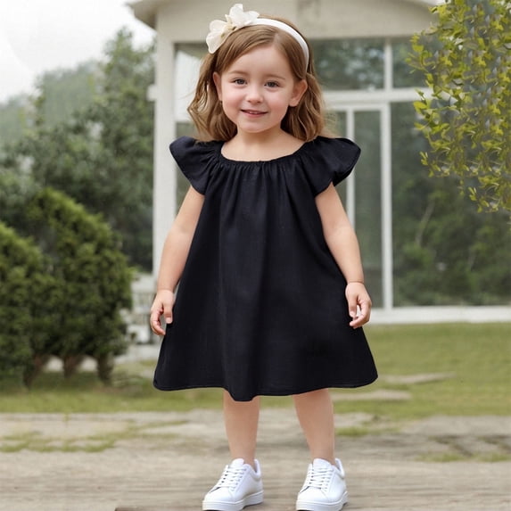 Eltusu Girls Dresses, Casual Comfy Short Sleeve Crew Neck Summer Dress Black Size 5-6 T