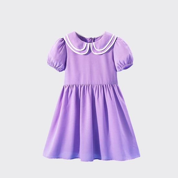 Eltusu Girls Dresses, Cotton Casual Short Sleeve Lapel Collar Summer Clothes Purple Size 11-12 T