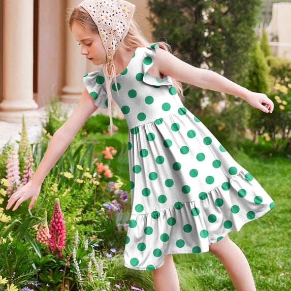 Eltusu Girls Dresses, Crewneck Casual Sleeveless Printed Summer Clothes Green Size 5-6 T