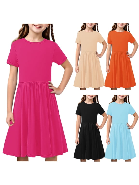 Girls Dresses, Crewneck Comfort Short Sleeve Casual Summer Dress Hot Pink Size 8 T