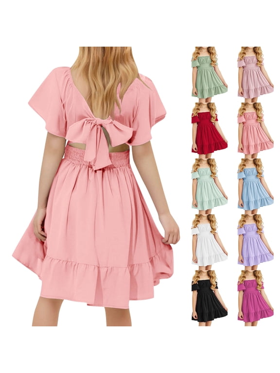 Girls Dresses, Fashion Bow Short Sleeve Crew Neck Summer Dress Pink Size 10-12 T