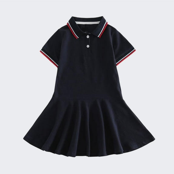 Eltusu Girls Dresses, School Cotton Lapel Collar Short Sleeve Summer Clothes Black Size 3-4 T