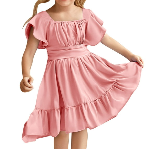 Eltusu Girls Dresses, Short Sleeve Bow Fashion Crew Neck Summer Dress Watermelon Red Size 10-11 T